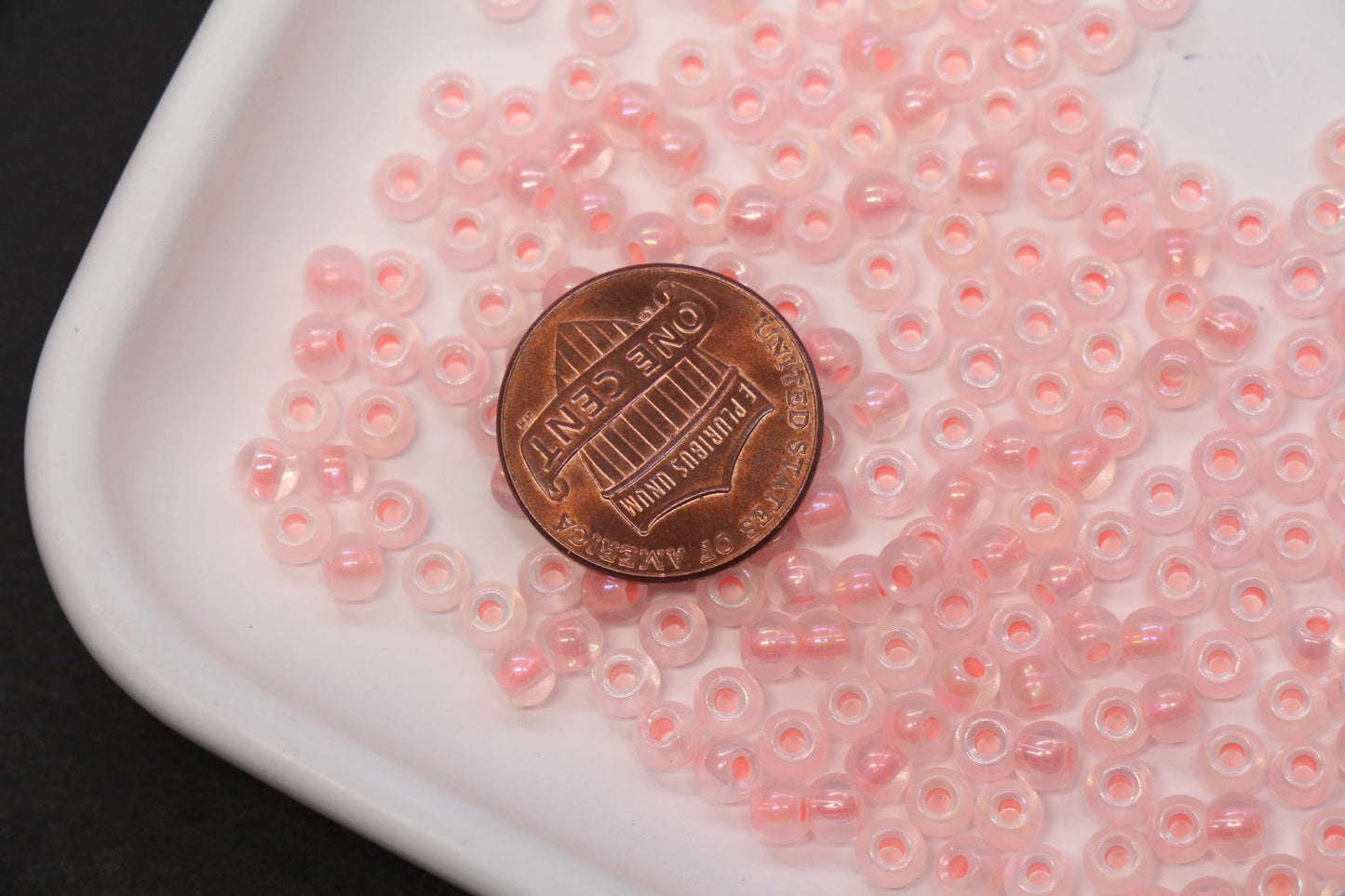 4mm Glow in the Dark Pink Lined Glass Seed Beads, Iridescent Transparent Rocailles, Luminous Beading Supplies #1025