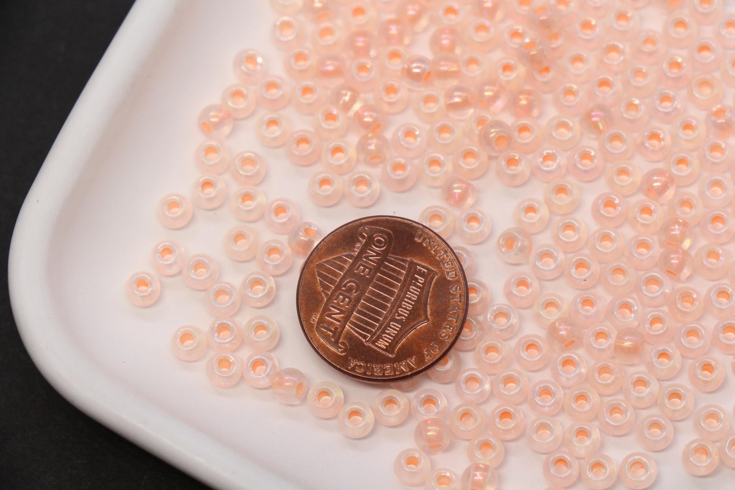 4mm Glow in the Dark Iridescent Glass Seed Beads, Transparent Peach Lined Rocailles, Luminous Beading Supplies #1025