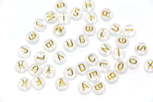 7mm Clear Gold Alphabet Letter Beads, Random Mixed Acrylic ABC Beads for Bracelets, Jewelry Making DIY Craft Supplies #637