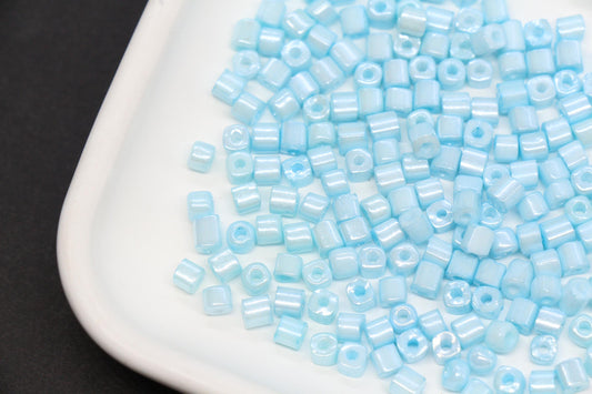 4mm Light Blue Cube Glass Beads, Glossy Square Seed Beads for Bracelet Jewelry Making #1253