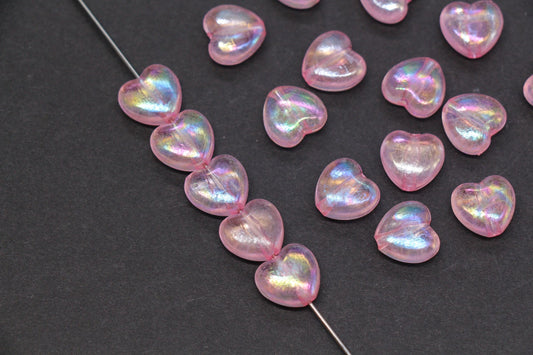 Pink Iridescent Heart Beads, Aurora Borealis Heart Beads for Bracelet Jewelry Making #2197