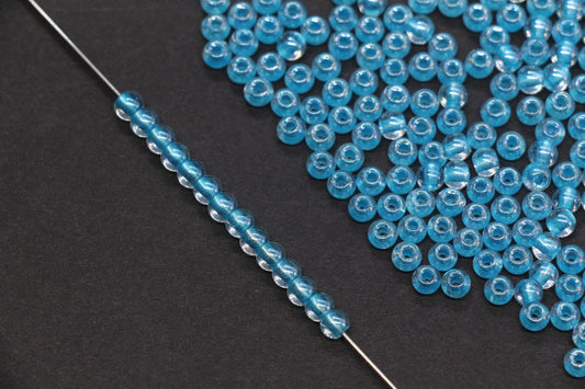 4mm Blue Lined Glass Seed Beads, Transparent Blue Core Beads, Jewelry Making Supplies #2328