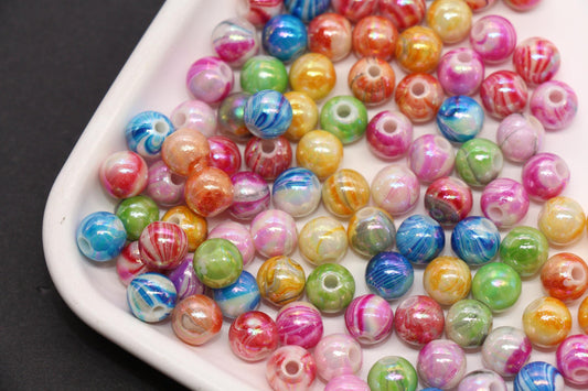 8mm Multicolor Marble AB Acrylic Beads, Round Gumball Beads for Bracelets, Rainbow Swirl Plastic Beads, DIY Jewelry Supplies #4003