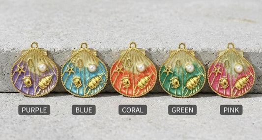 14K Gold Plated Seashell Pendant Charm, Beach Shell Charm with Pearl, Stainless Steel Ocean Charm, DIY Jewelry Supply