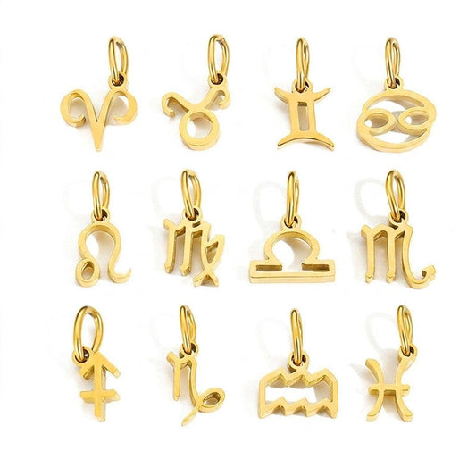 18K gold plated zodiac charms made with stainless steel, astrology birth sign pendants for necklaces and DIY jewelry making.