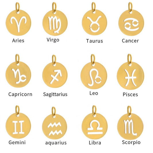 Gold Zodiac Charm, Stainless Steel Astrology Pendant, Horoscope Sign Necklace Charm, Celestial DIY Jewelry Supply