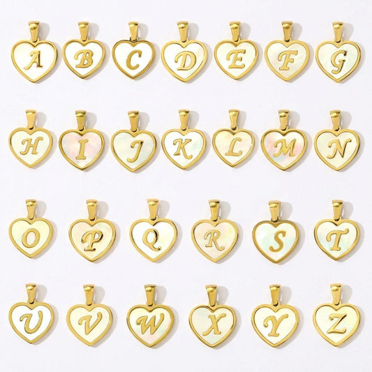 18K Gold Plated White Shell Initial Charm, Stainless Steel Pendant