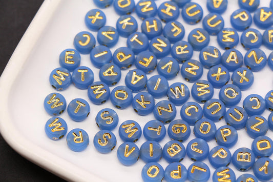 7mm Dusty Blue Frosted Gold Letter Beads, Mixed Alphabet Beads, Acrylic Initial Beads, DIY Bracelet Jewelry Making #4019