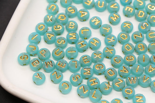 7mm Turquoise Frosted Gold Letter Beads, Mixed Alphabet Beads, Acrylic Initial Beads, DIY Bracelet Jewelry Making #4023