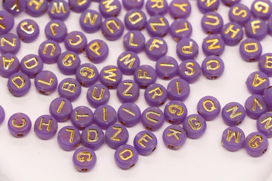 7mm Purple Frosted Gold Letter Beads, Mixed Alphabet Beads, Acrylic Initial Beads, DIY Bracelet Jewelry Making #4024
