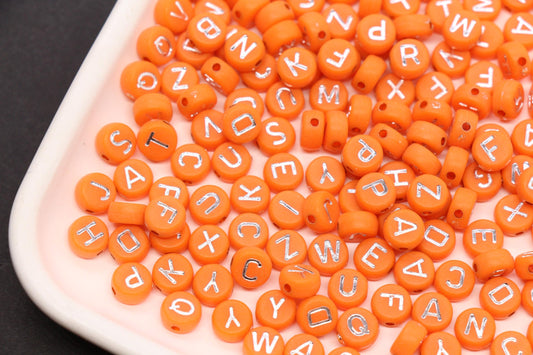7mm Orange Silver Letter Beads, Mixed Alphabet Acrylic Beads, Round Letter Beads for Name Bracelets, DIY Jewelry Making #350
