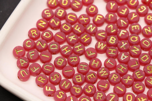 7mm Dusty Rose Frosted Gold Letter Beads, Mixed Alphabet Beads, Acrylic Initial Beads, DIY Bracelet Jewelry Making #4014