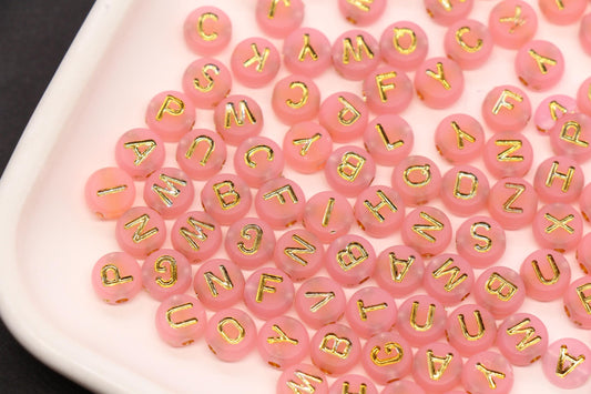 7mm Pink Frosted Gold Letter Beads, Mixed Alphabet Beads, Acrylic Initial Beads, DIY Bracelet Jewelry Making #4016