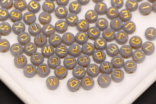 7mm Gray Frosted Gold Letter Beads, Mixed Alphabet Beads, Acrylic Initial Beads, DIY Bracelet Jewelry Making #4020