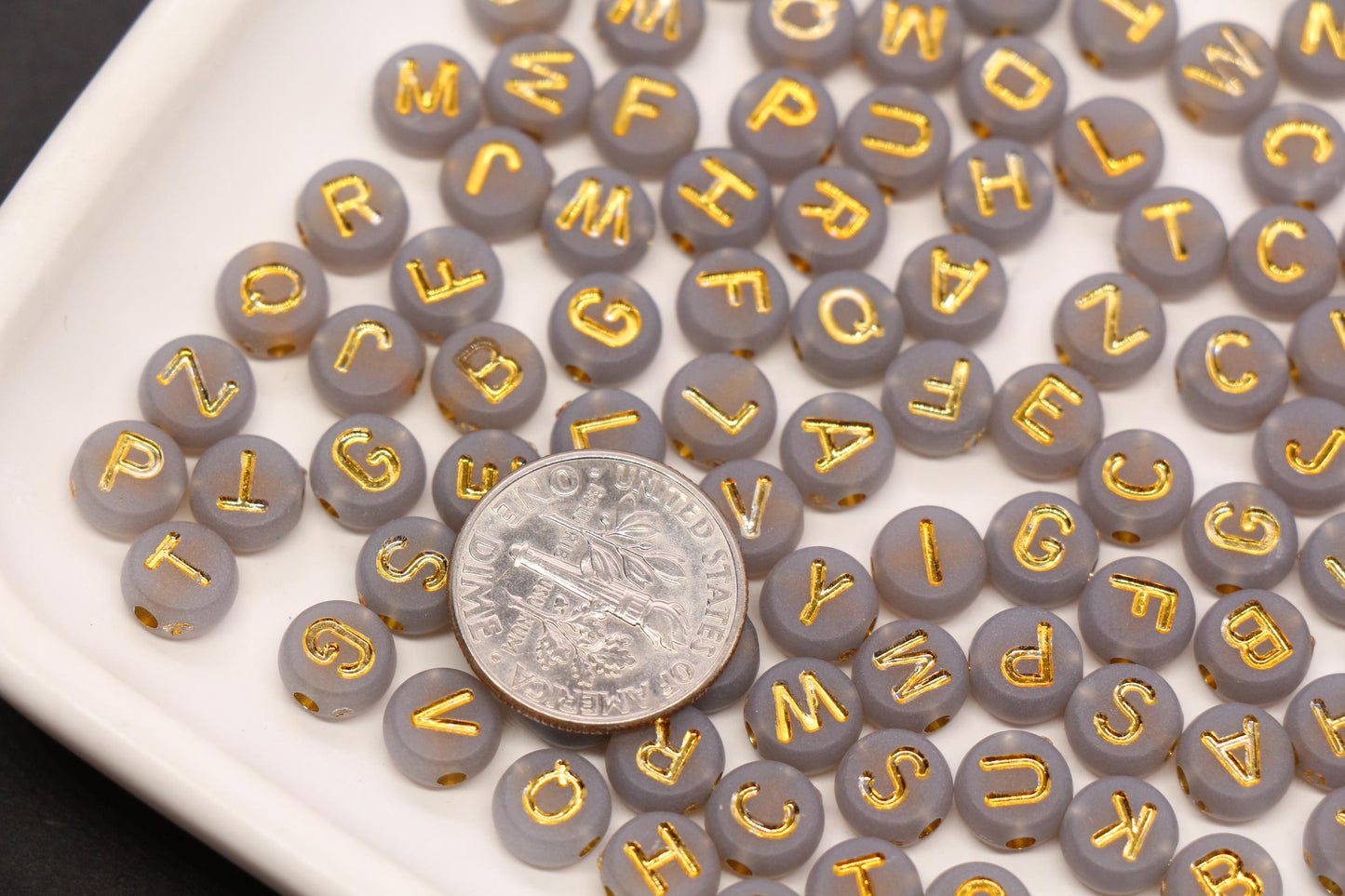 7mm Gray Frosted Gold Letter Beads, Mixed Alphabet Beads, Acrylic Initial Beads, DIY Bracelet Jewelry Making #4020