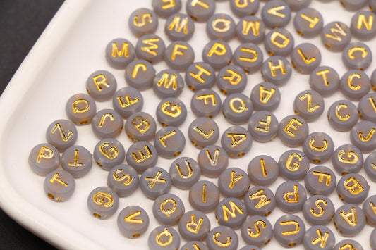 7mm Gray Frosted Gold Letter Beads, Mixed Alphabet Beads, Acrylic Initial Beads, DIY Bracelet Jewelry Making #4020