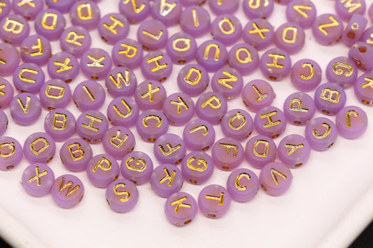7mm Lavender Frosted Gold Letter Beads, Mixed Alphabet Beads, Acrylic Initial Beads, DIY Bracelet Jewelry Making #4022