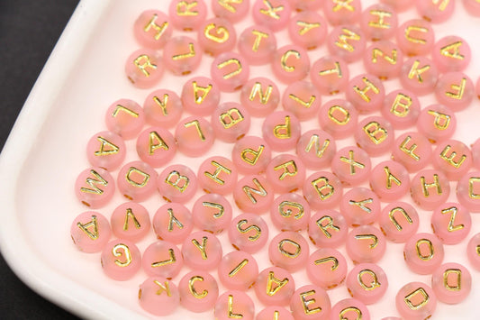 7mm Light Pink Frosted Gold Letter Beads, Mixed Alphabet Beads, Acrylic Initial Beads, DIY Bracelet Jewelry Making #4025