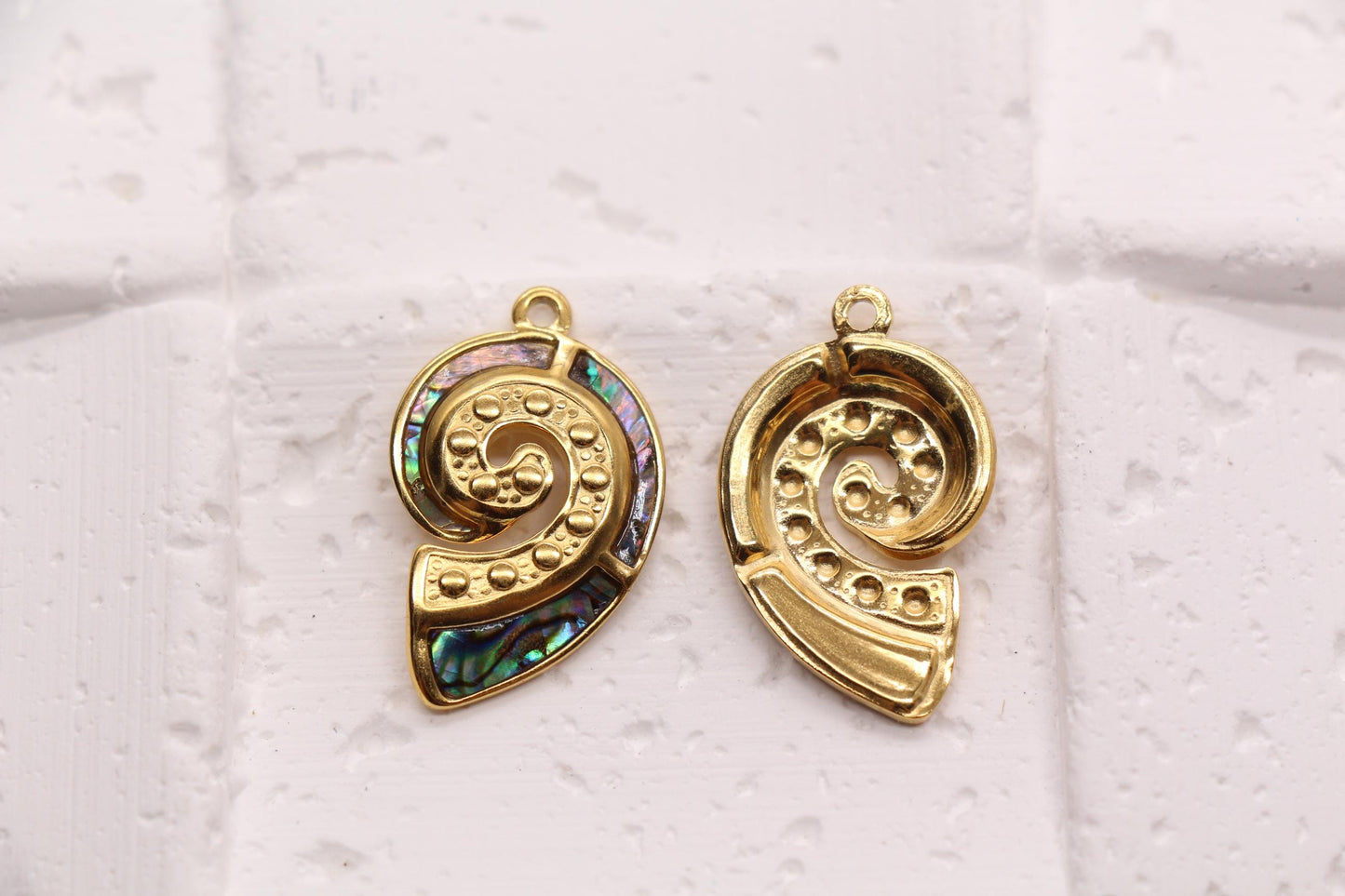 Seashell Charm, Stainless Steel Spiral Shell Pendant with Shell Inlay, Ocean Jewelry Supply