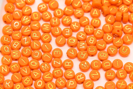 7mm Orange Gold Letter Beads, Mixed Alphabet Acrylic Beads, Round Letter Beads for Name Bracelets, DIY Jewelry Making #350
