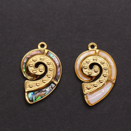 Seashell Charm, Stainless Steel Spiral Shell Pendant with Shell Inlay, Ocean Jewelry Supply