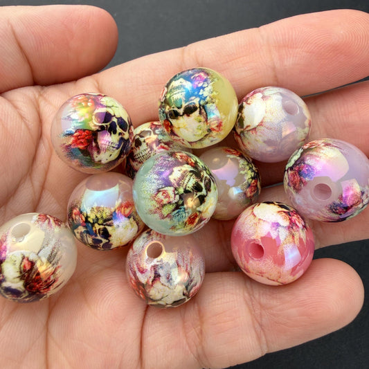 Floral Skull Beads, Acrylic Halloween Beads, Rose Skull Beads for Jewelry Making #4044