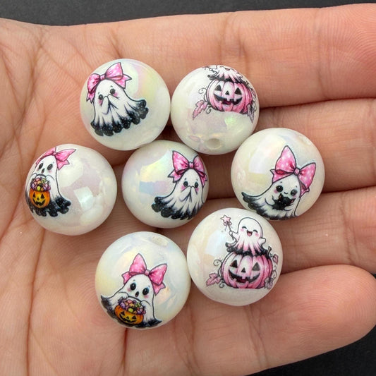 Pink Ghost Beads, Cute Halloween Acrylic Beads, Pink Pumpkin Beads for Jewelry Making #4045