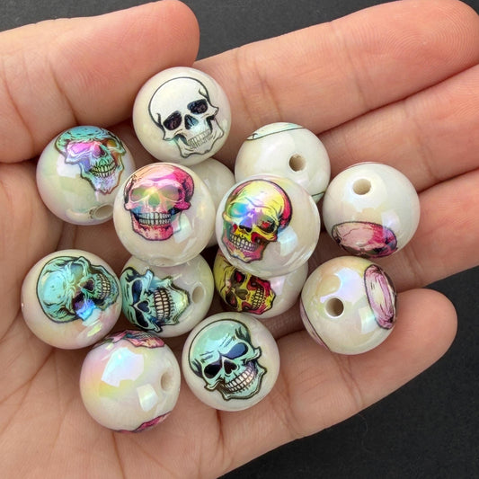 Skull Beads, Colorful Acrylic Halloween Beads, Round Skeleton Beads for Jewelry Making #4045