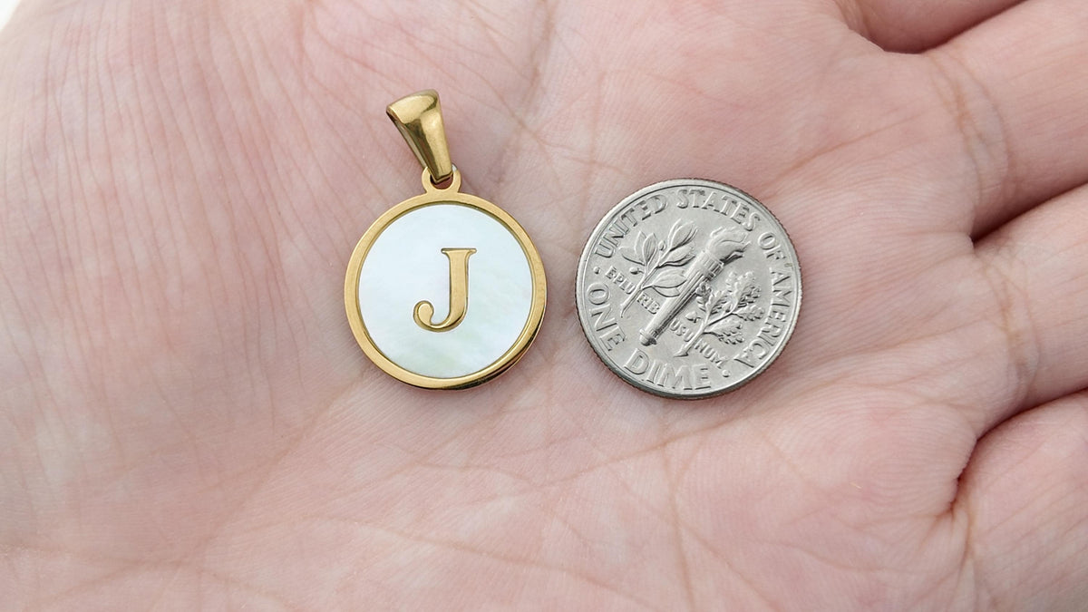 18K Gold Plated Round Shell Initial Charm, Stainless Steel