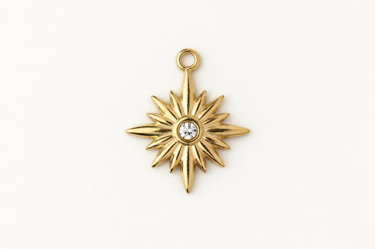 Gold Sun Charm, Stainless Steel Rhinestone Sunburst Pendant, Celestial Charm for Jewelry Making