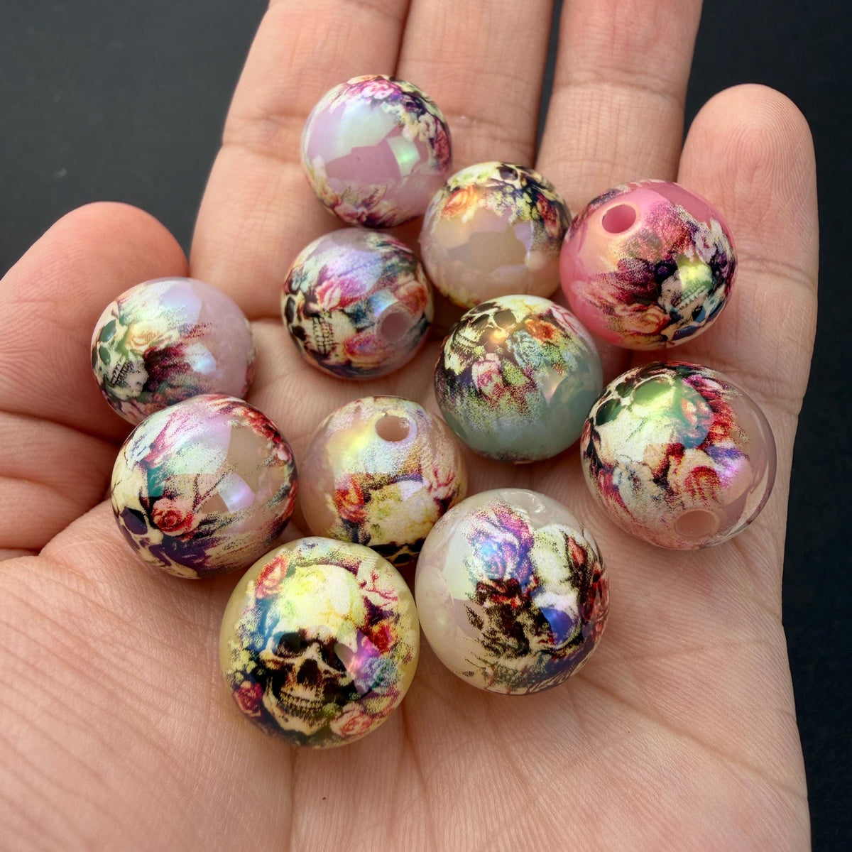 Floral Skull Beads, Acrylic Halloween Beads, Rose Skull Beads for Jewelry Making #4044