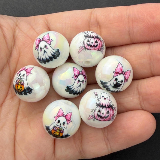 Pink Ghost Beads, Cute Halloween Acrylic Beads, Pink Pumpkin Beads for Jewelry Making #4045