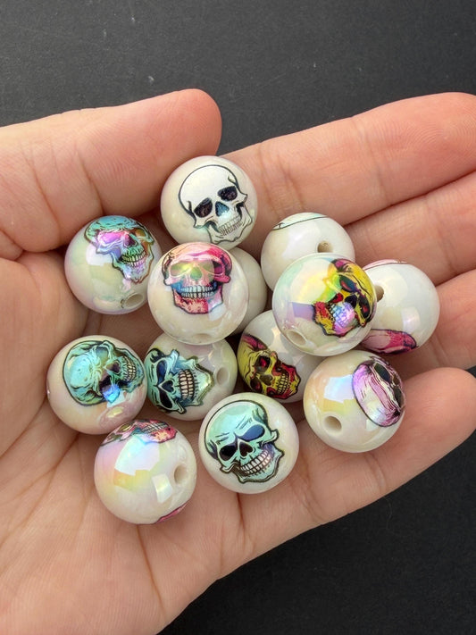 Skull Beads, Colorful Acrylic Halloween Beads, Round Skeleton Beads for Jewelry Making #4045