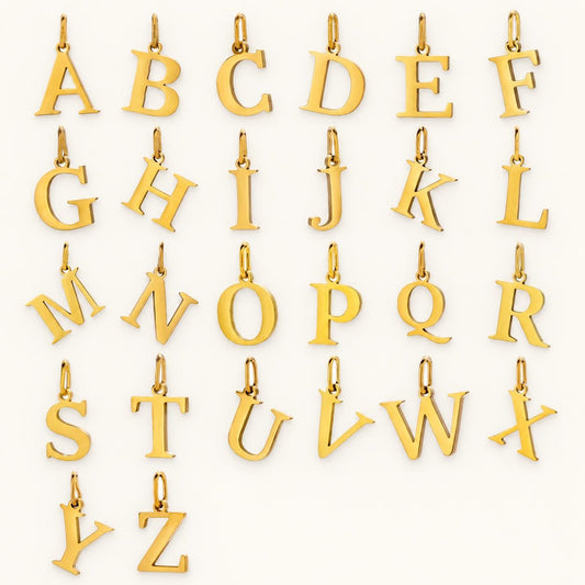 Classic Letter Pendant, Gold Stainless Steel Initial Charm, Petite Serif Alphabet Jewelry