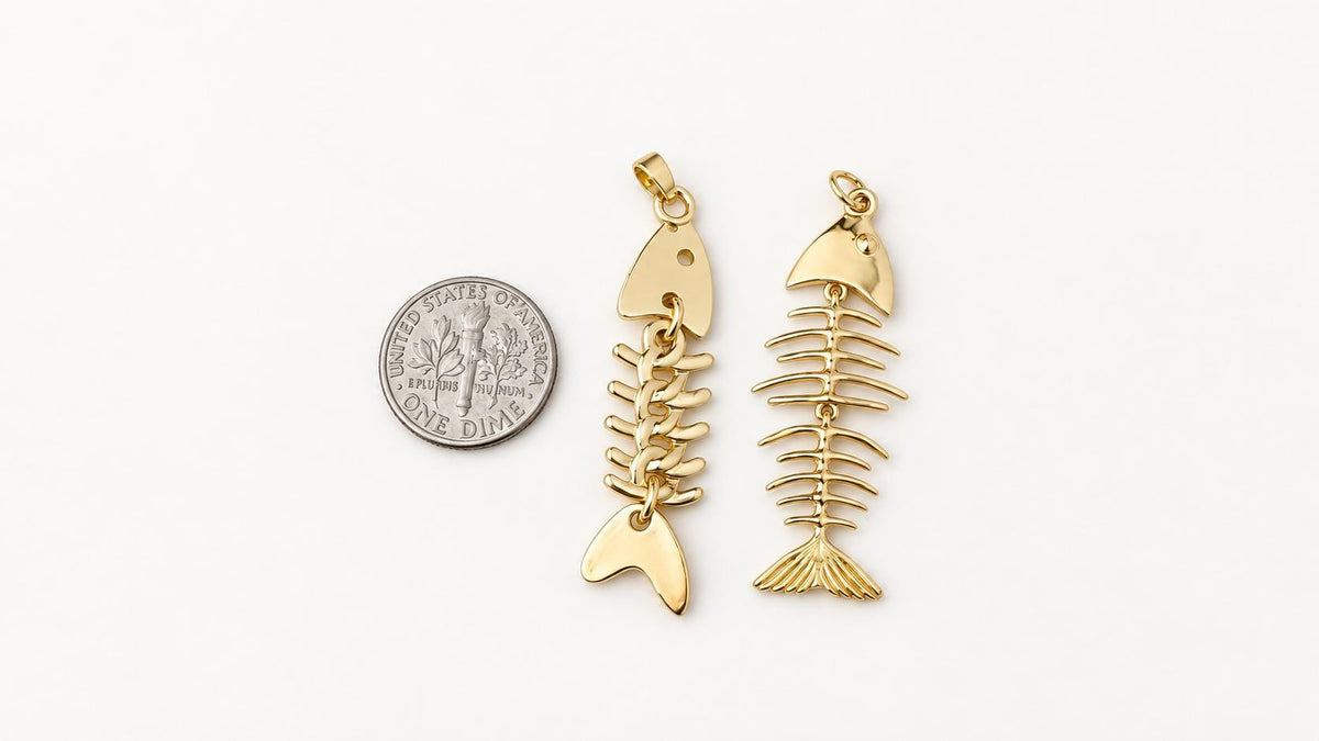 Movable Fish Skeleton Pendant, Gold Plated Brass Articulated Fish Charm, Fish Bone Pendant for Necklace & Jewelry Making