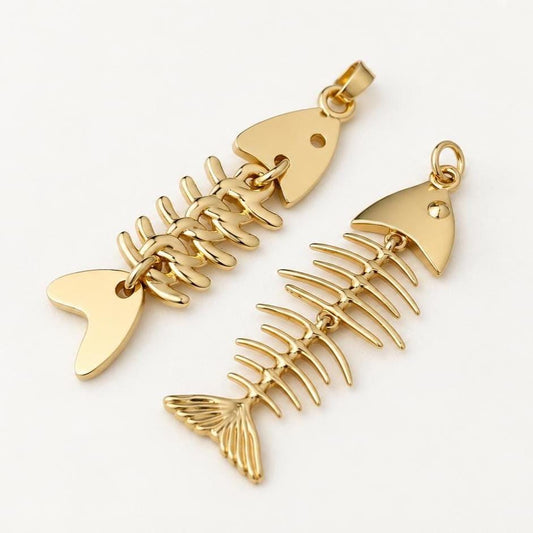 Movable Fish Skeleton Pendant, Gold Plated Brass Articulated Fish Charm, Fish Bone Pendant for Necklace & Jewelry Making