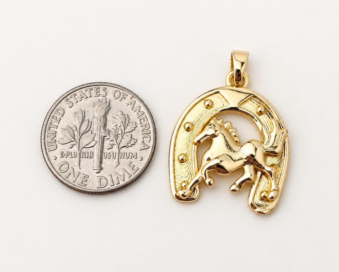 Gold Horse Horseshoe Pendant, Gold Plated Brass Horse Pendant, Lucky Equestrian Western Charm for Necklace Jewelry Making