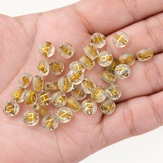7mm Gold with Glitter Acrylic Letter Beads #753