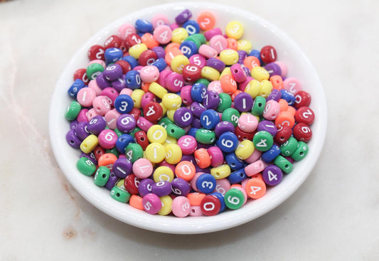 multicolor 7 mm round acrylic number beads, mixed set; white with color numbers