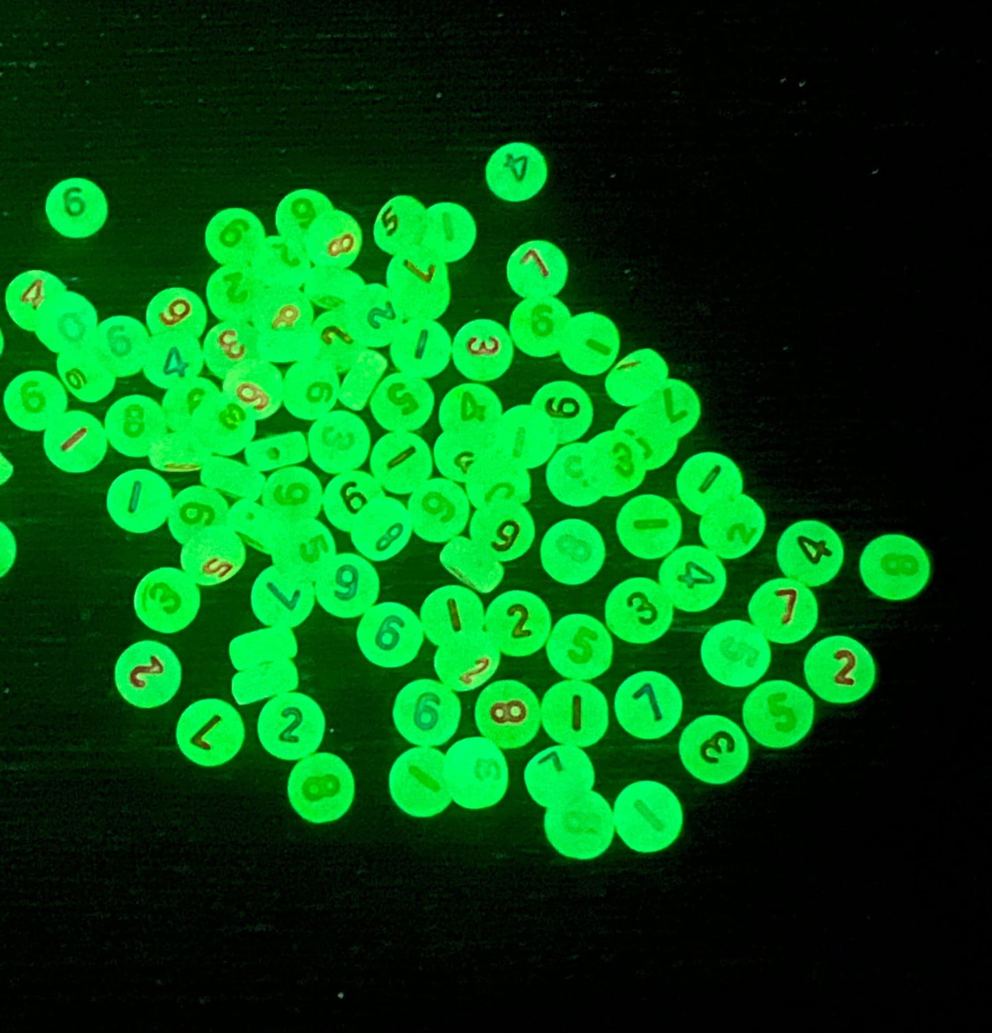 multicolor glow 7 mm flat round acrylic number beads, mixed; glow in the dark number beads