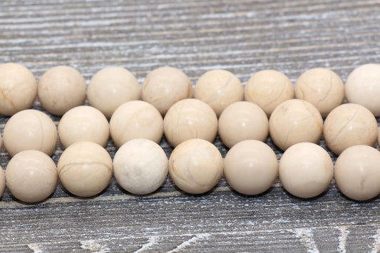 White Fossil Stone Beads, Natural Smooth Gemstone Round Beads, Sizes 4mm 6mm 8mm 10mm 12mm, Full Strand 15.5" #12