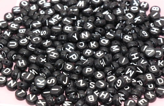 Black Alphabet Letter Beads, Acrylic Black and White Letter Beads, Round Acrylic Beads, ABC Letter Beads, 7mm #25