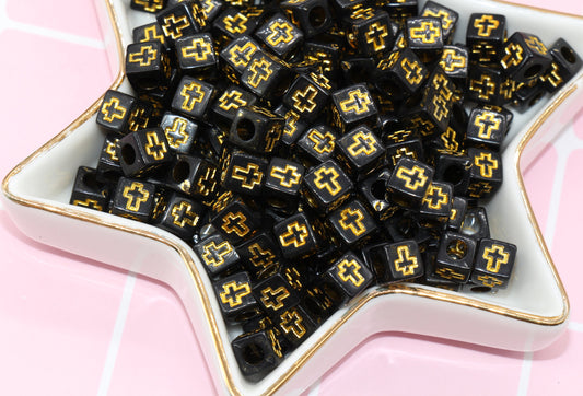 Gold Cross Cube Beads, Acrylic Black Cross Beads, Plastic Cross Square Beads, Size 6mm #200