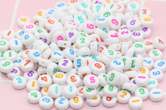7 mm flat round acrylic number beads on white base, multicolor numbers; white beads with mix color numbers