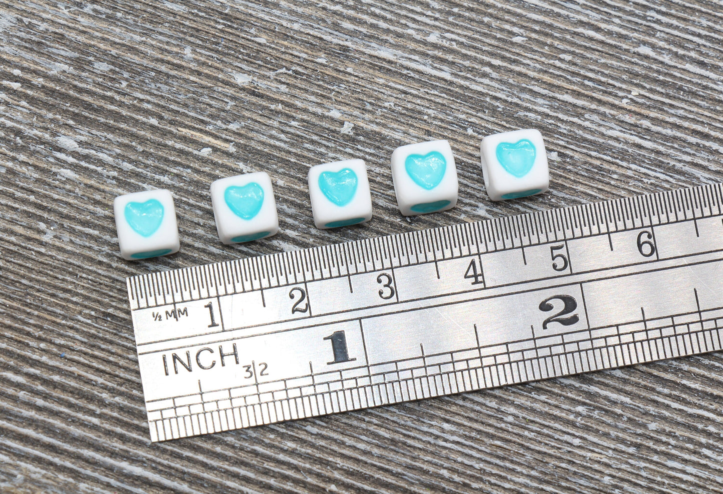 Baby Blue Heart Cube Beads, Blue and White Acrylic Heart Cube Beads, Heart Square Beads, Size 7mm #173