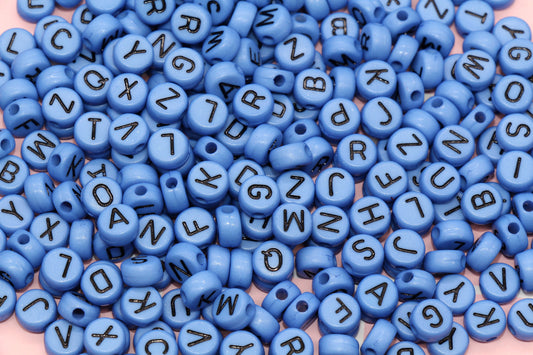Blue Alphabet Letter Beads, Acrylic Blue and Black Letters Beads, Round Acrylic Beads, ABC Letter Beads, Name Beads 7mm #10