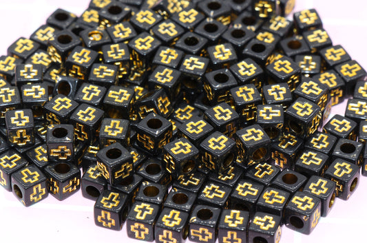 Gold Cross Cube Beads, Acrylic Black Cross Beads, Plastic Cross Square Beads, Size 6mm #200