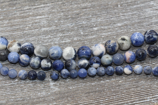 Blue Sodalite Beads, Natural Gemstone, Blue White Beads, Smooth Round Beads, Sizes 6mm 8mm 10mm, Full Strand 15.5 inch, #3
