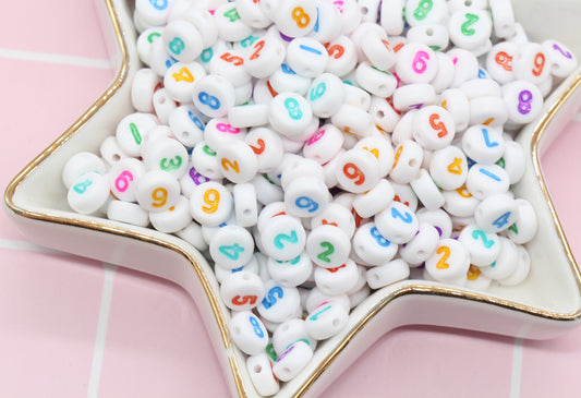 7 mm flat round acrylic number beads on white base, multicolor numbers; white beads with mix color numbers