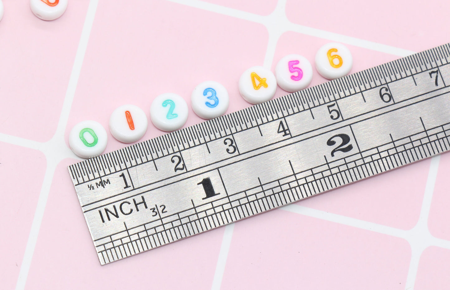7 mm flat round acrylic number beads on white base, multicolor numbers; white beads with mix color numbers